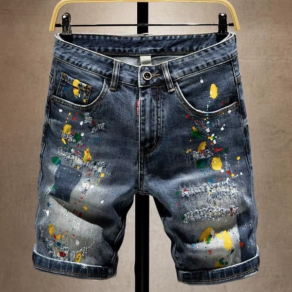 Beggar Ripped Denim Shorts Men's Summer Trendy Brand Ruffian Handsome Ink-splashing Elastic Washed Breeches Thin Short Pants - AliExpress 200000343