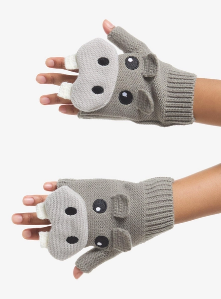 Hippo Figural Knit Fingerless Gloves