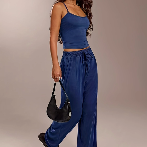 2pcs Women's Sleeveless Off-Shoulder Jumpsuit Set - Solid White & Brown Beige Pants & Top, Relaxed Fit Long Pants Beachwear Outfit, Machine Washable Spring Summer Fall Casual to Dressy Matching Ensemble