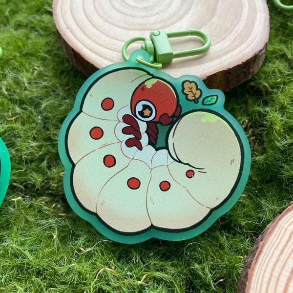 Beetle grub - frosted green charm, Insect Bug keychain, Cartoon Chibi Pet Art, Kawaii Cute Animal Entomologist Gift