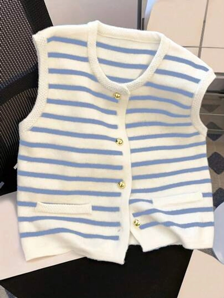 Spring/Summer New Women Sleeveless Striped Waistcoat Versatile Rejuvenating Layered Metal Button Knit Cardigan Vest