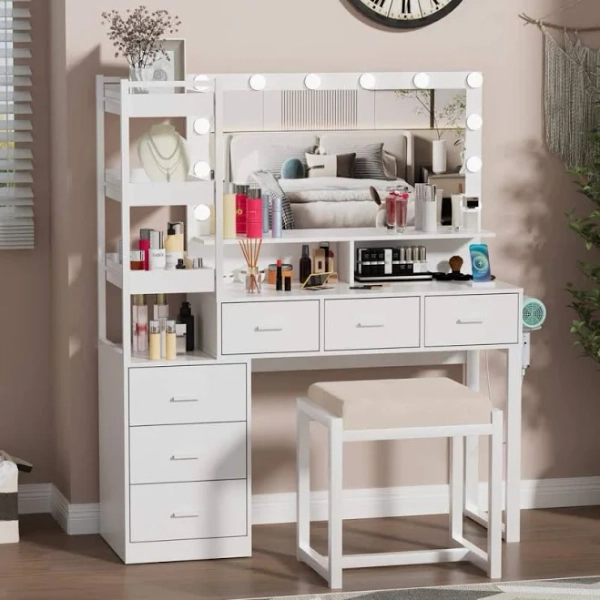 PAKASEPT White Makeup Vanity Set with LED Lighted Mirror, Power Outlet, 6-Drawers, 3 Storage