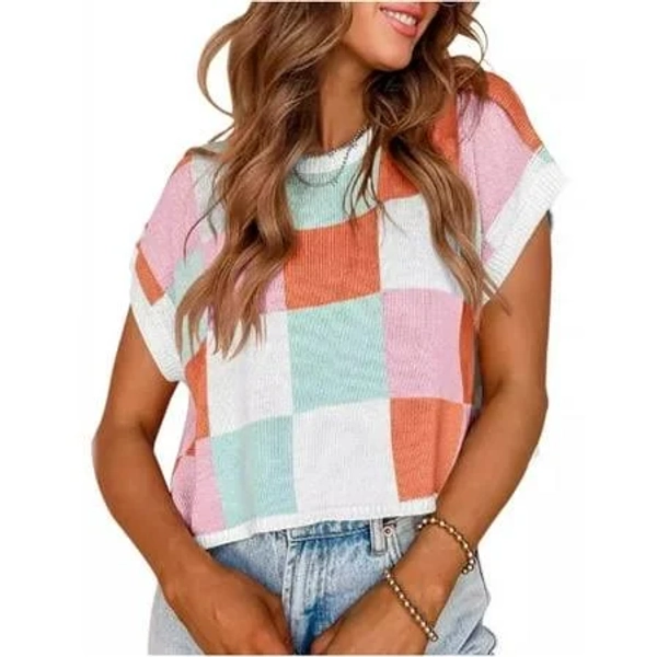 Women's Cap Sleeve Crew Neck Color Block Crop Top