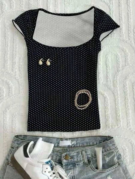 Glimmora Women's Polka Dot Print Cap Sleeve Casual Versatile T-Shirt