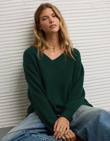 AE Big Hug V-Neck Waffle Sweatshirt