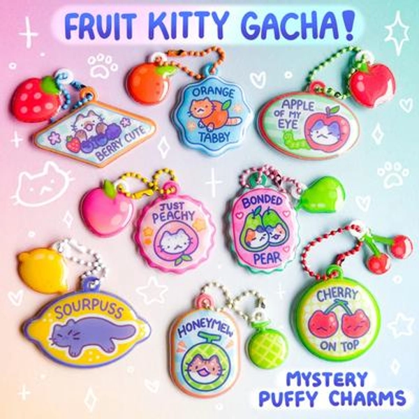 Fruit Kitty Puffy Squishy Mystery Charm Blind Bag Fruit Sticker Produce Cat Pet Picnic Pun Retro PVC Charm