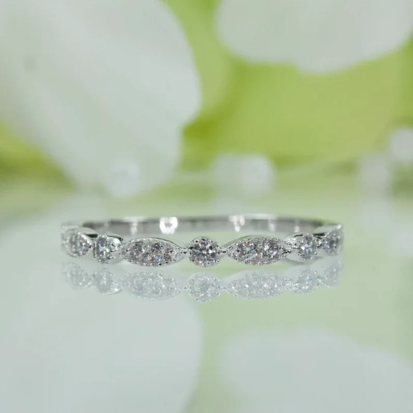 Micropavé Art Deco Style Fine Quality Cubic Zirconia Half Eternity Wedding Band Ring In Sterling Silver, Wedding Band Ring | 111