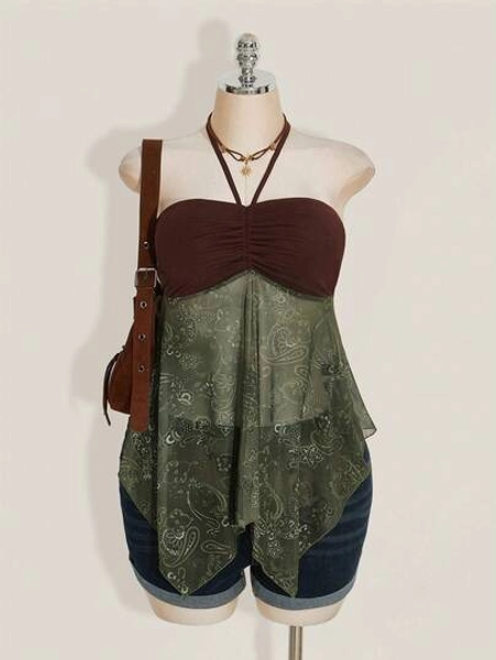 SHEIN ICON Women Plus Size Y2k Women's Western Boho Babydoll Country Brown And Green Vacation Cashew Paisley Print Drawstring Halter Neck Camisole