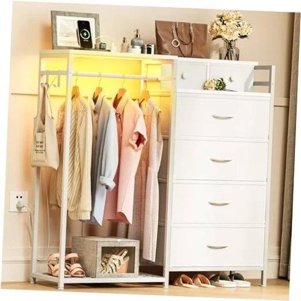 17 Stories Dresser with Clothes Rack, 6 Drawers, Shoe Rack, Charging Station, LED Lights
