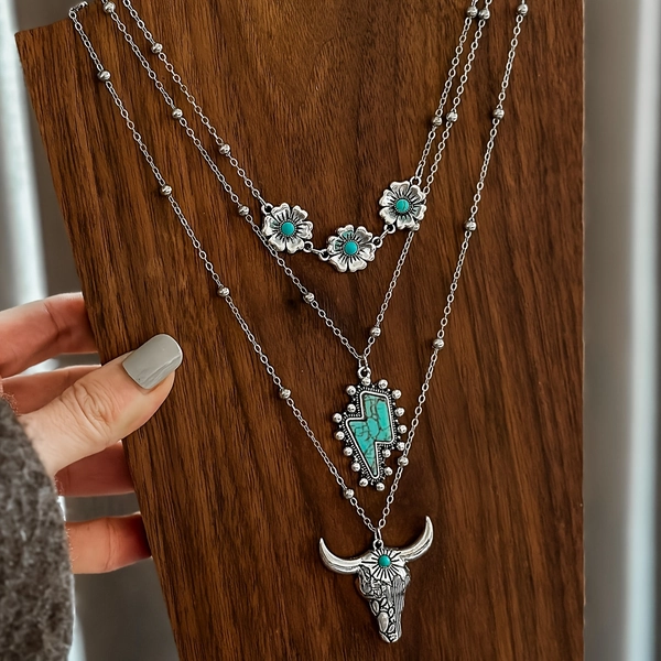 3pcs Vintage Tribal Alloy Pendant Necklace Set with Cow Skull, Lightning, and Flower Designs - Daily and Vacation Wear