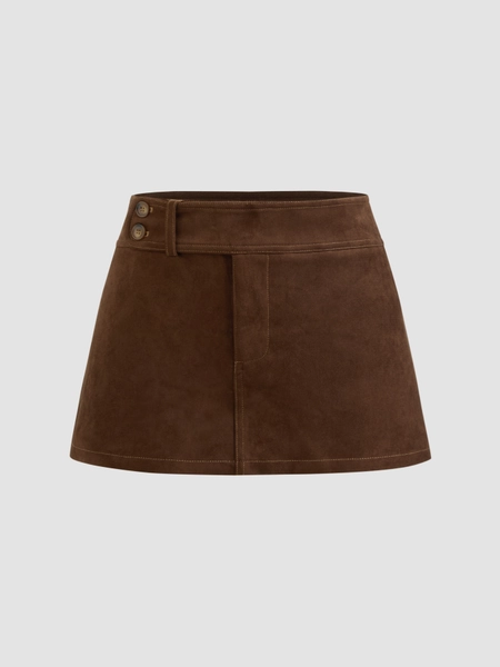 Suede Suede Low Rise Solid Button Mini Skirt For Holiday