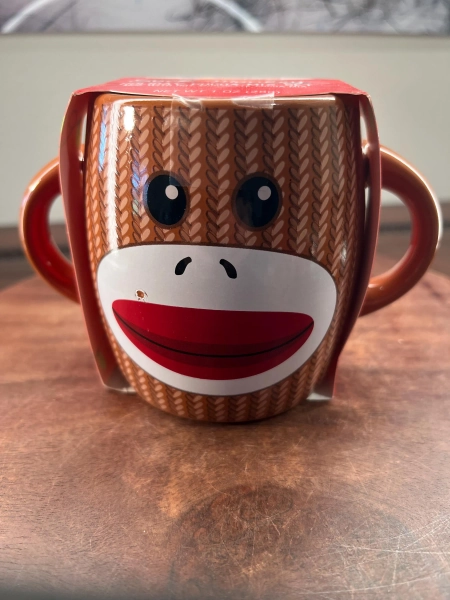 Sock Monkey Coffee Cup Mug 16 oz Galerie  Double Handles NEW With A Cocoa Mix Included