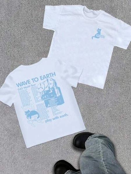 WAVE TO EARTH Play With Earth Letters Kitten Print Men's T-Shirt, Simple Art Harajuku Style, Band Music Kitten T-Shirt, Fashion Casual Loose Men And  Summer Essential Double-Sided Print T-Shirt