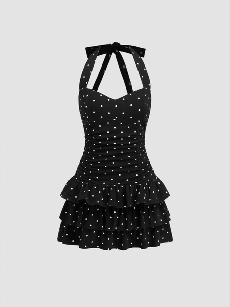 Summer Dress Summer Dresses Summer Vacation Dresses Jersey Cotton-blend Halter Neckline Polka Dot Ruched Layered Mini Dress For Daily Casual