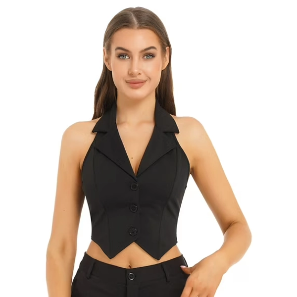 Alvivi Womens Notched Lapel Backless Button Suit Vest Waistcoat Work Office Business Vest Black S