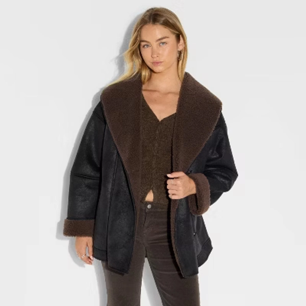 Women's Shawl Collar Shearling Coat - Wild Fable™ Black M