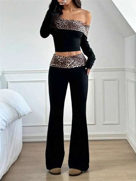 SHEIN EZwear 2pcs/Set Women's Leopard Print Off Shoulder Long Sleeve Crop Top And Flared Pants, Fashion Outfit