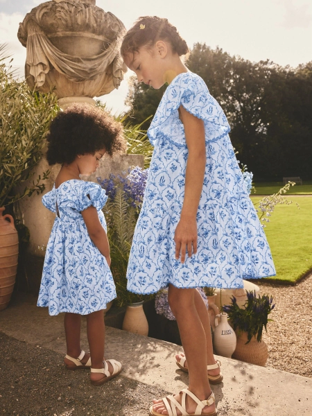 Blue Floral Angel Sleeve Dress (3-16yrs)