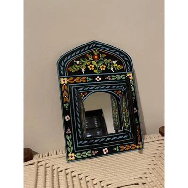 Hand-Painted Wooden Mirror with Floral Window Shutters | Boho Folk Art Wall Decor