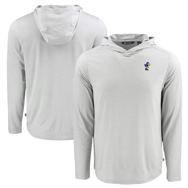 Men's Cutter & Buck Gray Kansas Jayhawks Coastline Epic Comfort Eco Recycled Long Sleeve Hoodie T-Shirt