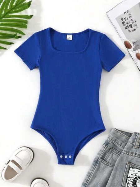 SHEIN Tween Girl Knitted Fit Street Style Solid Sky Blue Short Sleeve Bodysuit, Spring/Summer Summer Holiday
