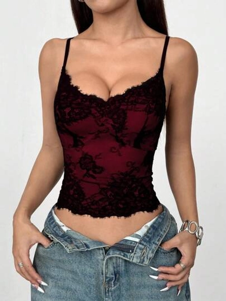 INAWLY French Style Sexy Lace Contrast Color Backless Camisole Tank Top For Women Graphic Tees Women Tops - Size L