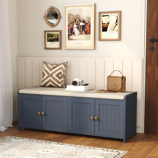 Shoe Storage Bench With Cushion, Entryway Shoe Cabinet Bench With 4 Doors