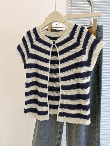 Franclia New Unique Striped Round Neck Cardigan, Versatile & Slimming Design For Women