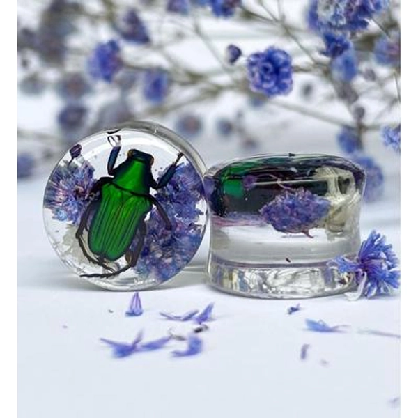 Green Scarab Beetle Plugs with Purple Flowers