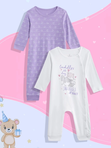 Mothercare Girls Cuddle Bunny Printed Full Sleeve All-In-One - Pack of 2 - Multi - Mothercare