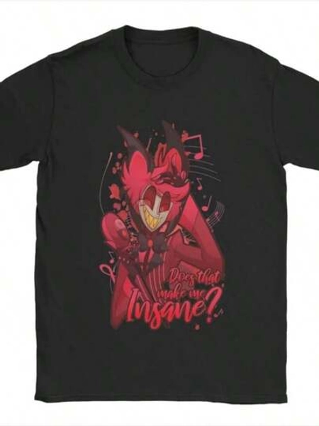 Insane Alastor The Radio Demon T-Shirt For Men Hazbins Hotels Funny Cotton Tee Shirt Round Neck Short SLeesve T Shirt Adult Tops