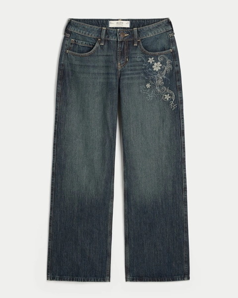 Low-Rise Dark Wash Floral Embroidery Baggy Jeans