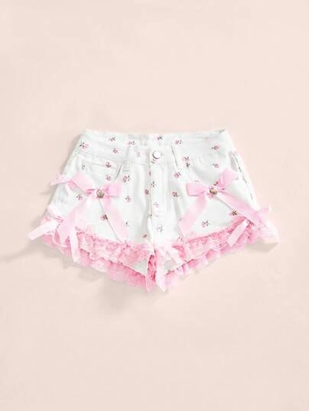 Sweetness Women's Sweet Ditsy Floral Bow Decor Contrast Lace Denim Shorts, Summer - Size XS