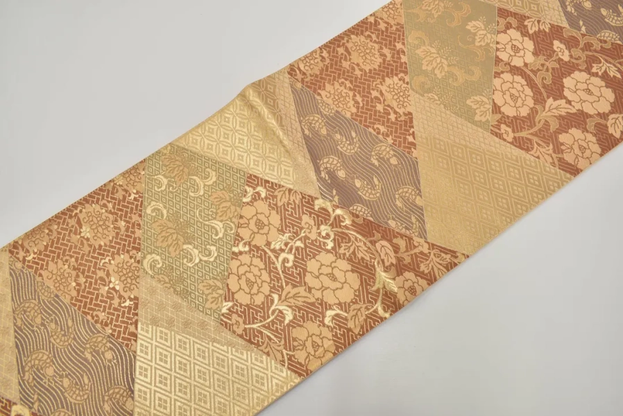 Y977 Vintage Silk Kimono Obi Belt 'fukuro-obi' Light Brown Gold /karakusa Flower Wave Carp Rhombus Shippou Origami Motif by Jacquard Weaving - Etsy
