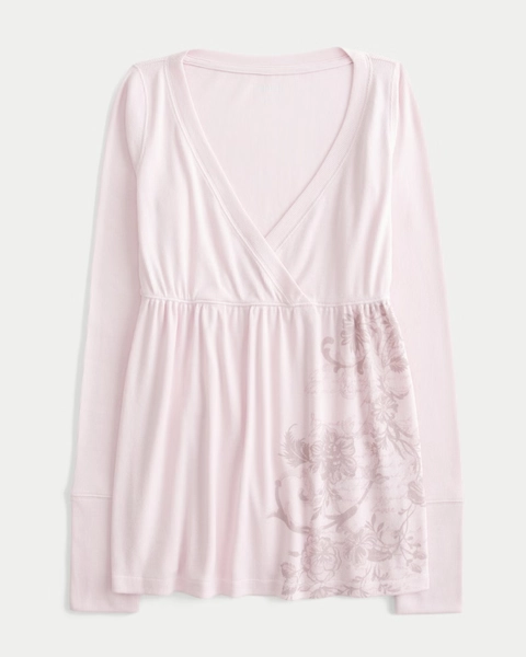 Easy Long-Sleeve Floral Pattern Babydoll Top