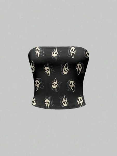 ROMWE Goth Women's Black Scream Horror Character Bandeau Top For Dark Halloween