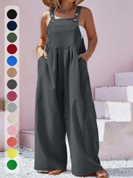 Plus Size Women's Pleated Wide Leg Casual Solid Color Bib Pants, Autumn/Winter