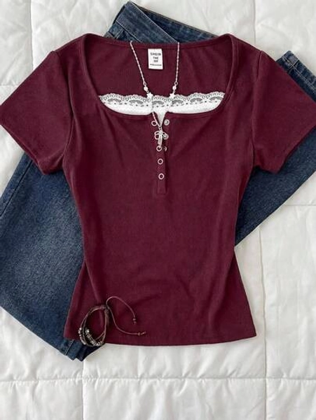 Tween Girls Burgundy Short Sleeve T-Shirt,Cute White Lace Trim Y2K Vintage Tee,Summer School Fitted Polyester Top With Keyhole Neck And Ruched Bust - Size 10Y