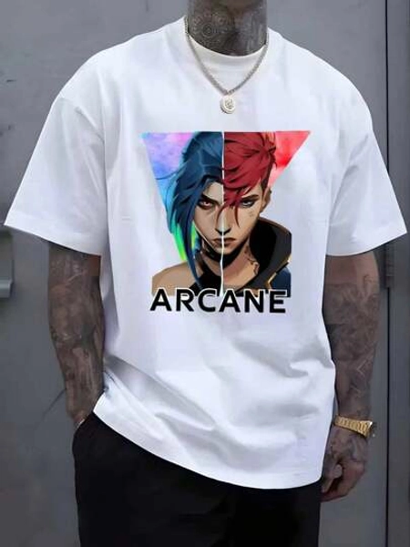 Arcane Character Graphic Oversized Tee,Comfortable Casual Short Sleeve, 220 Grams Heavyweight Cotton Printed T-Shirt,Halloween