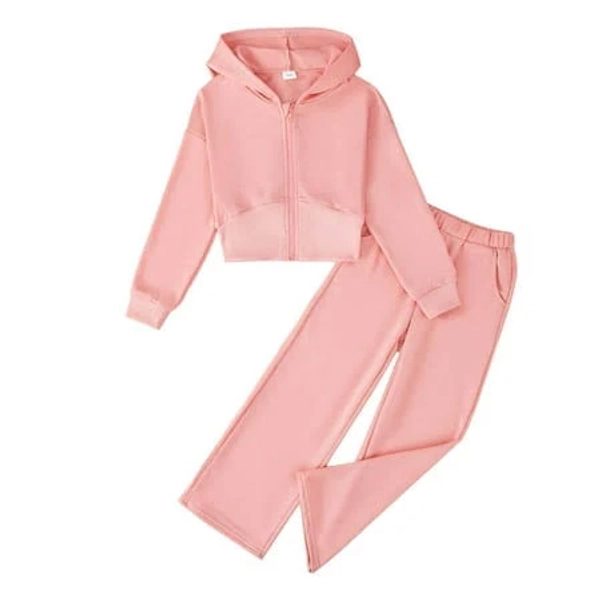 Kucnuzki 9 Years Big Girls Outfit Set 10 Years Kid Girl Clothes Long Sleeves Solid Color Zipper Hoodie Crop Top Wide Leg Pants Sets 2pcs Warm Clothing