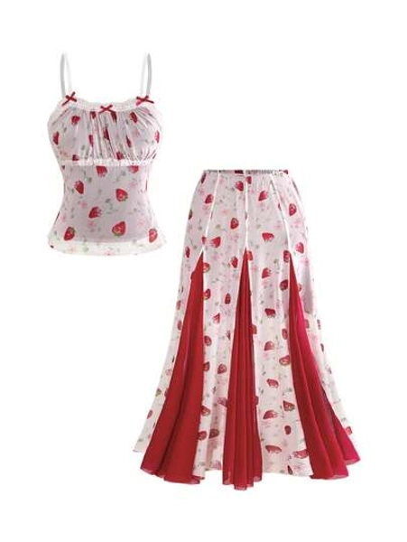 Sweetness Women's Romantic Sweetheart Strawberry Print Contrast Color Lace Bow Decor Camisole And Long Skirt 2-Piece Set - Size L