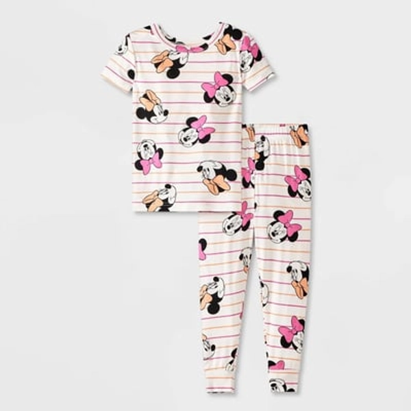 Toddler Girls' 2pc Minnie Mouse Short Sleeve Viscose Snug Fit Pajama Set - White 2T: Crew Neck, Short Sleeve, Jersey Fabric