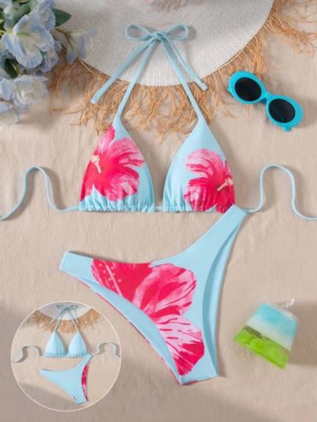 Swim Mod Spring Break Women Fashion Resort Multicolor Printed Halter Backless Top And Cute Patterned Shorts Bikini Set For Summer Beach Vacation