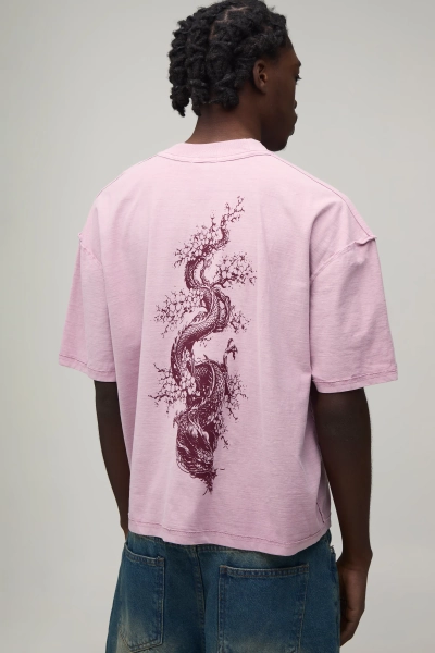 Washed Pink Oversized Boxy Dragon Spine Print Exposed Seam T-Shirt