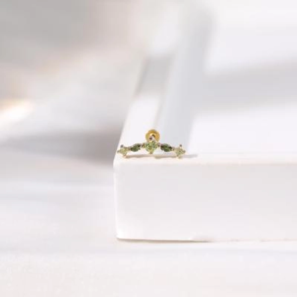 14K Solid Gold Green Tourmaline with Peridot Helix Climber Earring, Real Gold Cartilage Tragus Crawler Threadless Push Pin Piercing
