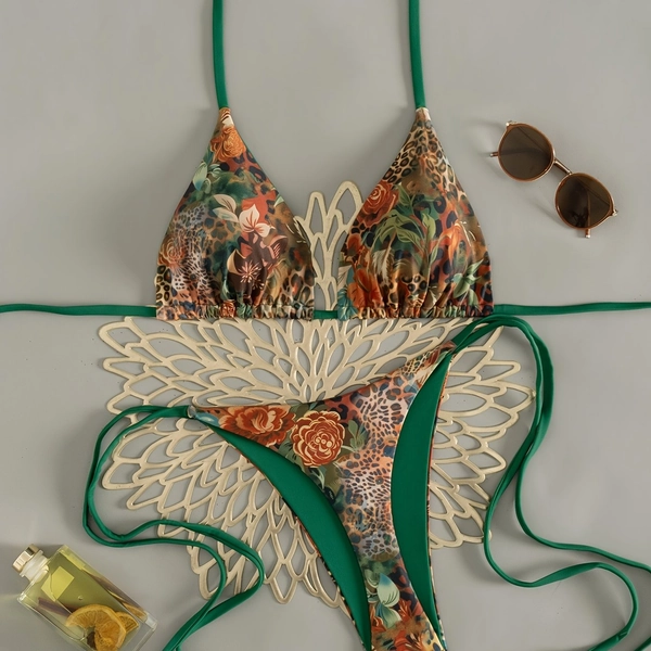 2pcs Sexy Leopard Print Bikini Set | Halter Neck, Medium Stretch Fabric, Lace-up Details, Ideal for Beach and Pool Vacations