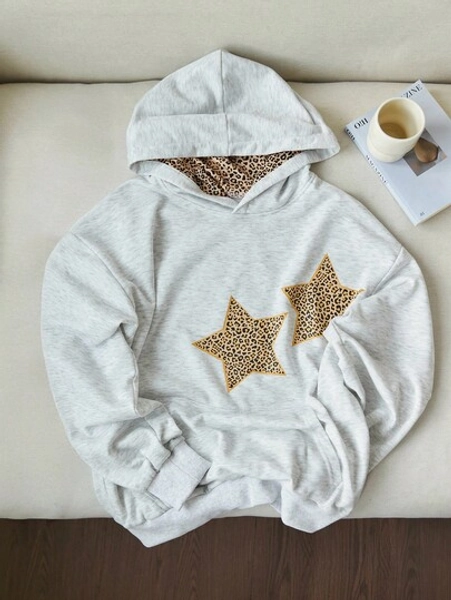 Elamini Women's Casual Leopard Print Hoodie With Star Pattern Star Hoodie