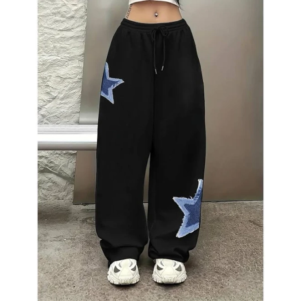 Women's High-Waisted Wide-Leg Jeans with Blue Star Print