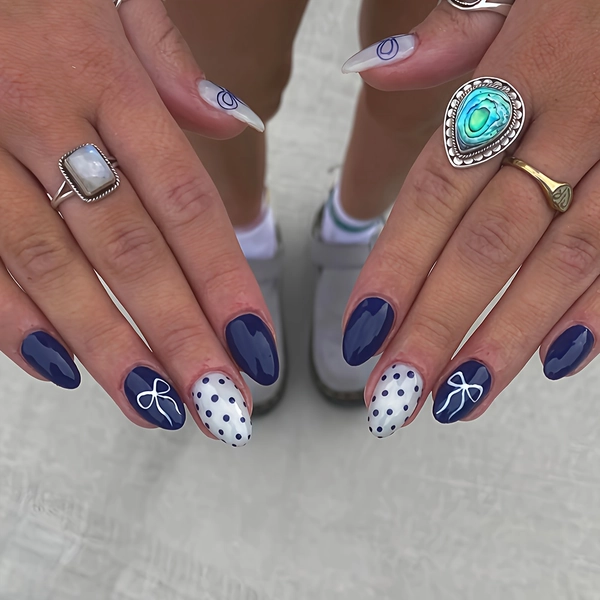 24pcs of short oval-shaped sweet and cute exquisite style coquette aesthetic fake nails, dark blue polka dot and bow pattern design, glossy press-on fake nails, with jelly glue and filing strip, suitable for daily wear, perfect gift for friends, Handmade Nail, Press On Nails Short Handmade, False Nails for Women Short, Handmade Short Press On Nails, Press On Nails Cute, Nail Art Set, DIY Nails, Highquality Pressons, Glossy Finish, Stickon Nails, Artificial Nails, Party Nails, Teen Nails