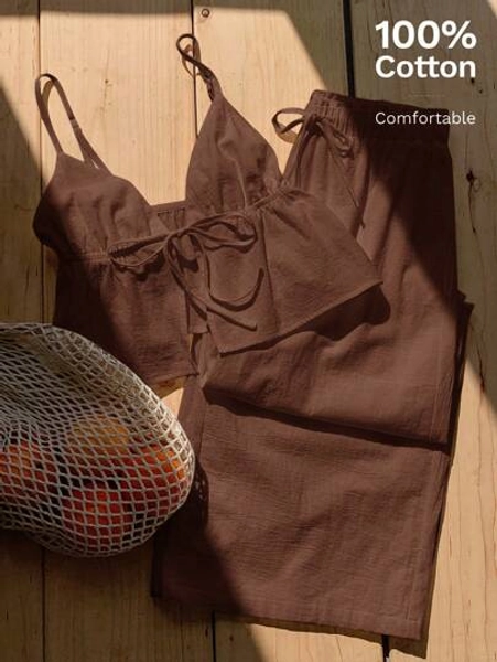 Comfortcana Two-Piece Cotton Outfit In Brown With Backless Spaghetti Strap Blouse And Plain Pants Brown Two Piece Set Women
